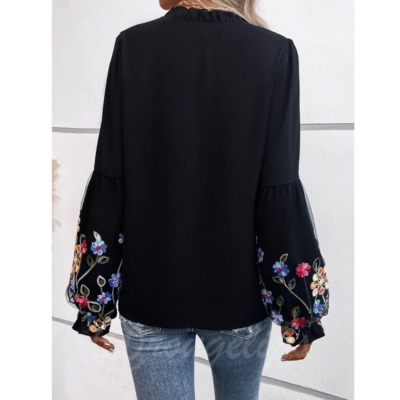 Black Boho Blouse Long Sleeve Floral Embroidery Neck Ties - Picture 3 of 10